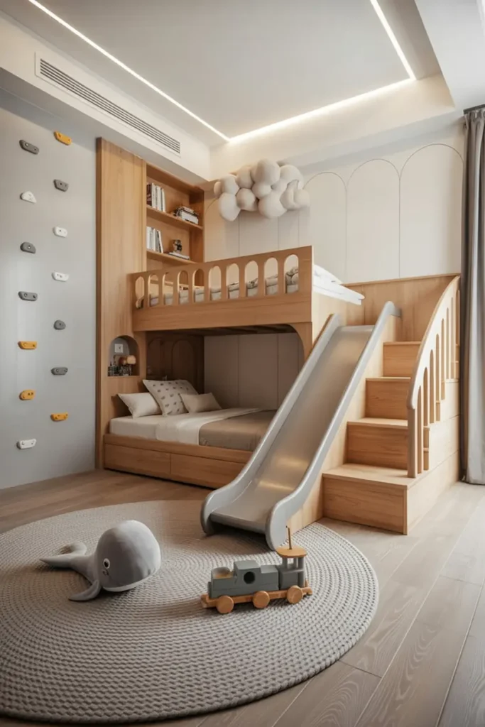 15. Bunk Bed with Slide and Climbing Wall