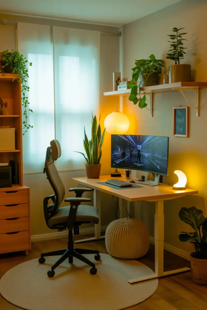 15. Cozy Boho Home Office with Plants and Warm Lighting