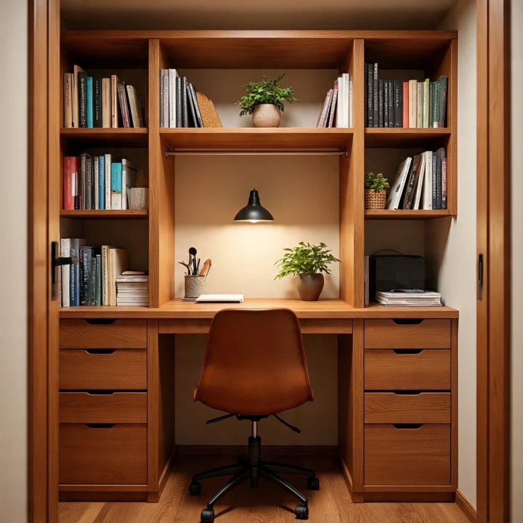 15. Cozy Closet Office Nook with Wooden Shelves 1