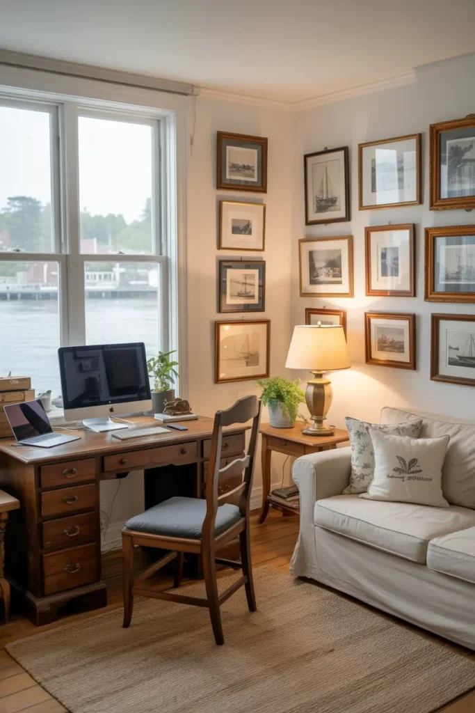 20 Cozy Workspace Corner Ideas for Calm & Neat Setup 37 15. Cozy Traditional Home Office with Waterfront View