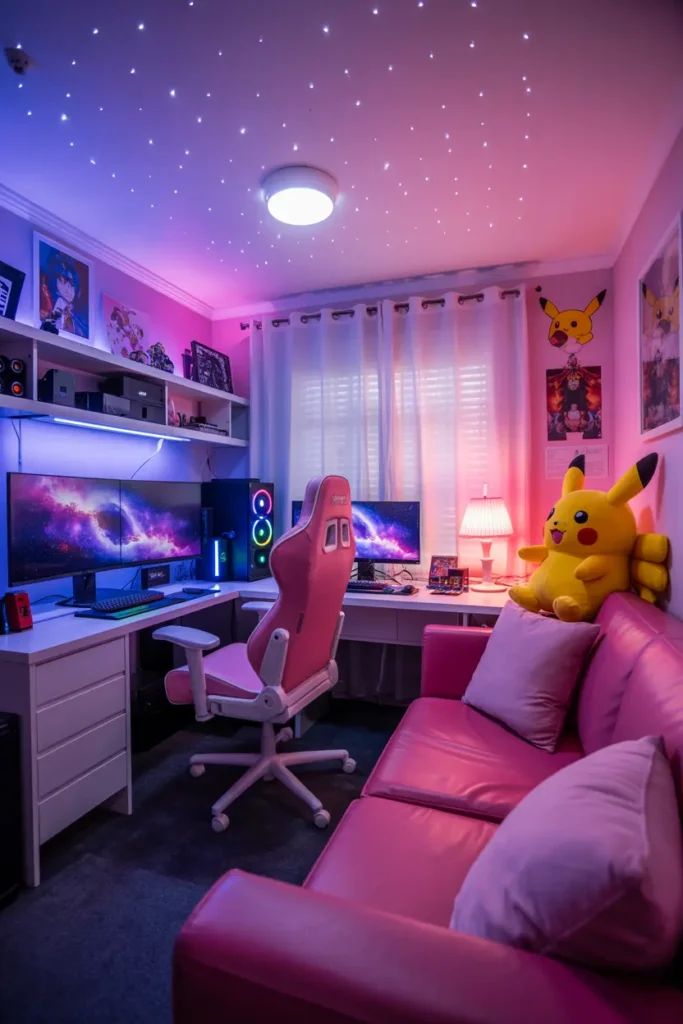 20 Modern Gaming Room Ideas for the Best Setup 37 15. Enchanting Pink Gaming Room with Starry Ceiling