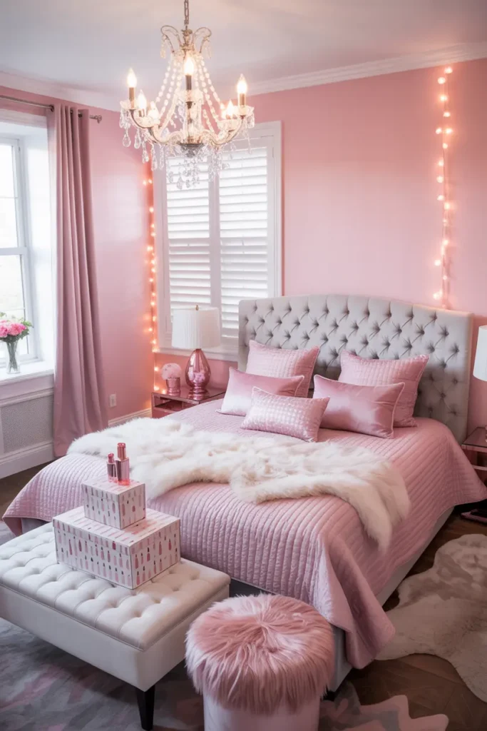 15. Glamorous Pink Chandelier Bedroom