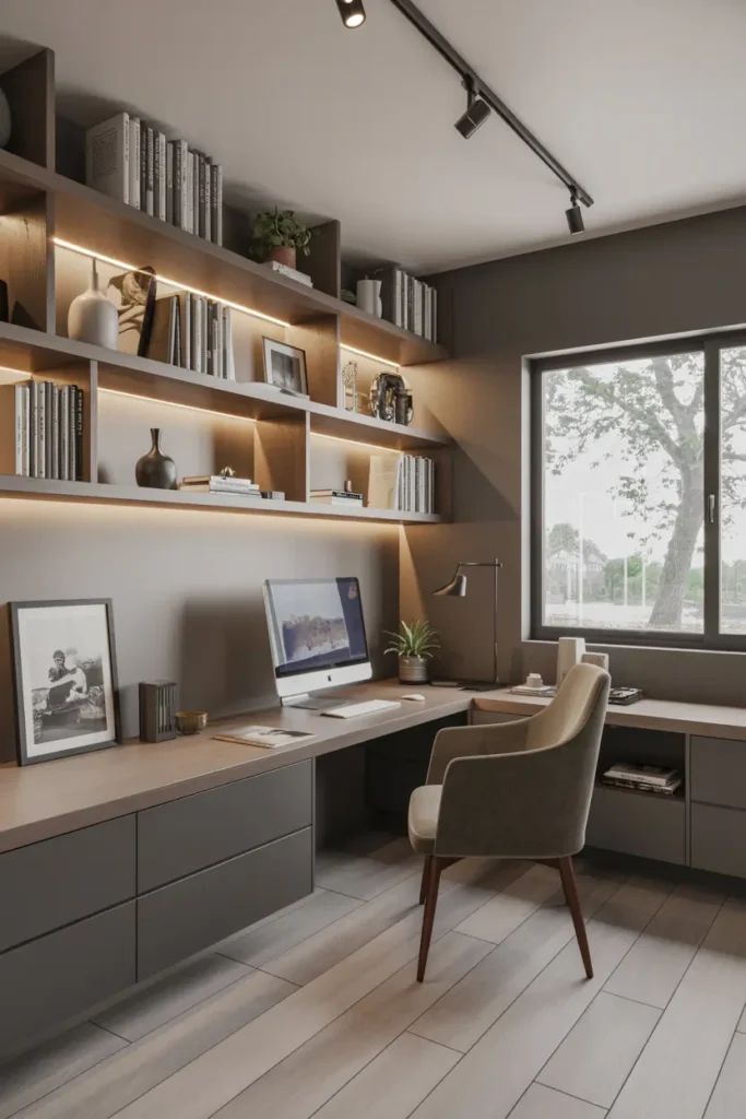 15. Sleek Modern Home Office with Backlit Shelves