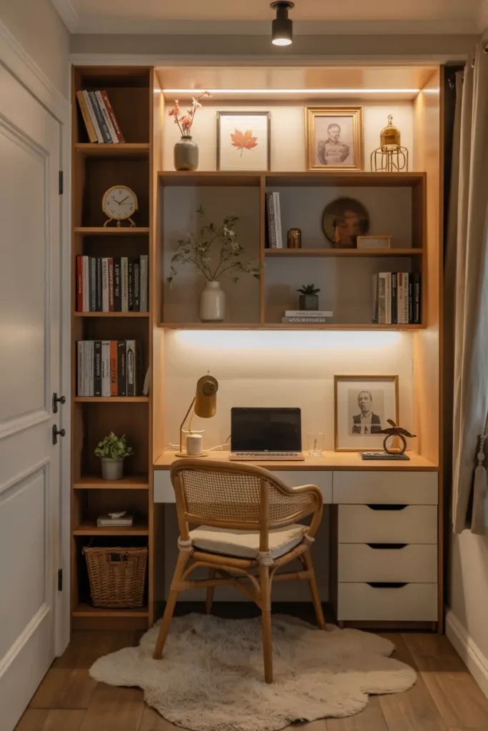 16. Cozy Alcove Home Office with Wooden Shelves and Rattan Chair