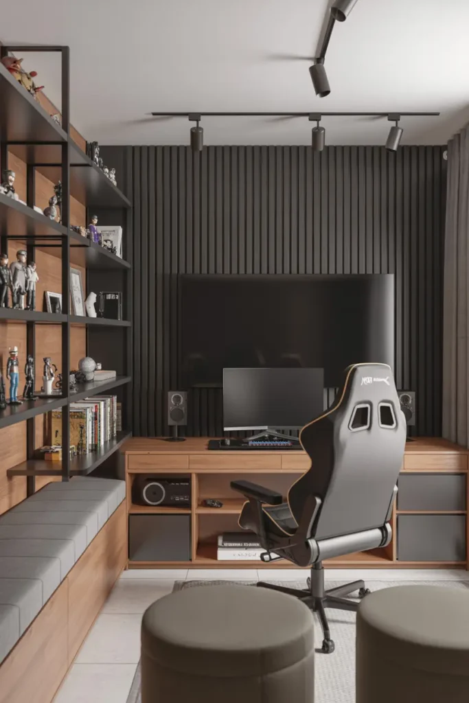 16. Industrial Dark Slatted Wall Gaming Office Setup