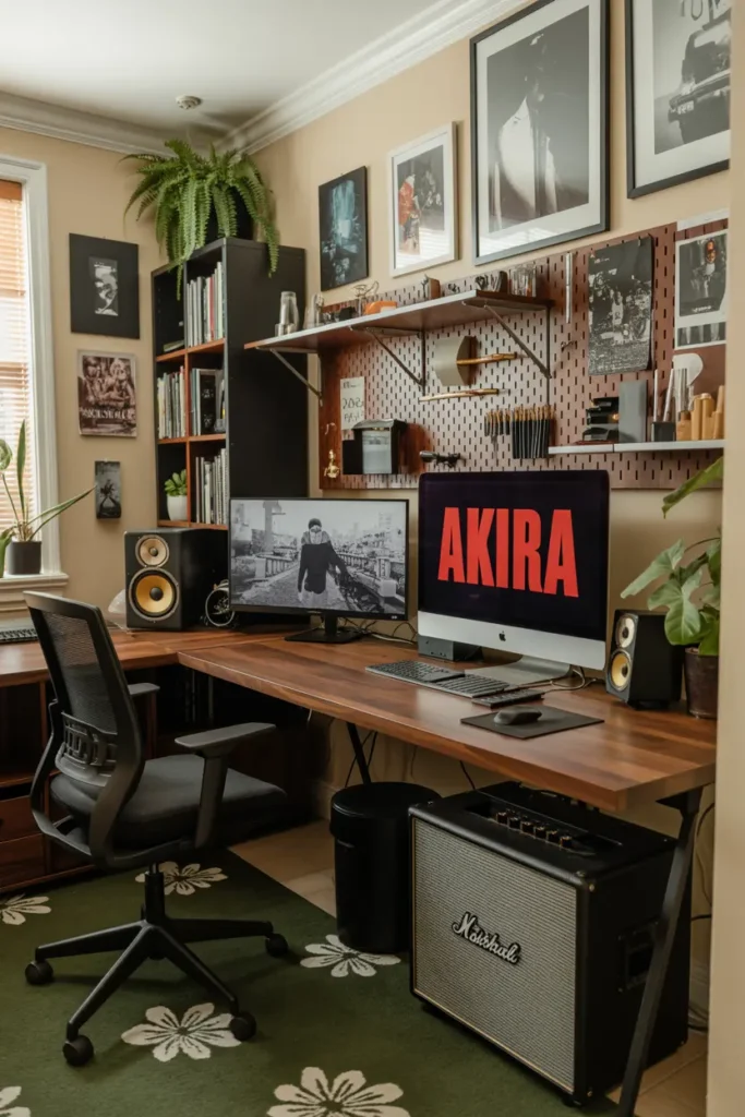 16. Modern Home Office with Green Desk Setup