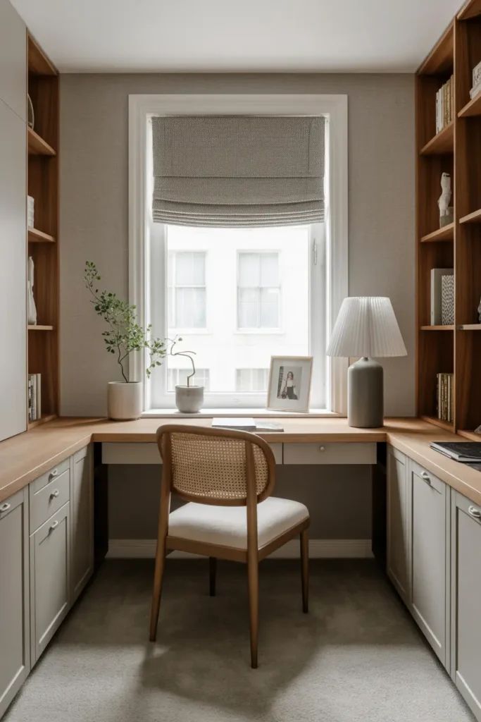 20 Cozy Workspace Corner Ideas for Calm & Neat Setup 39 16. Serene Minimalist Home Office Nook with Built in Shelves
