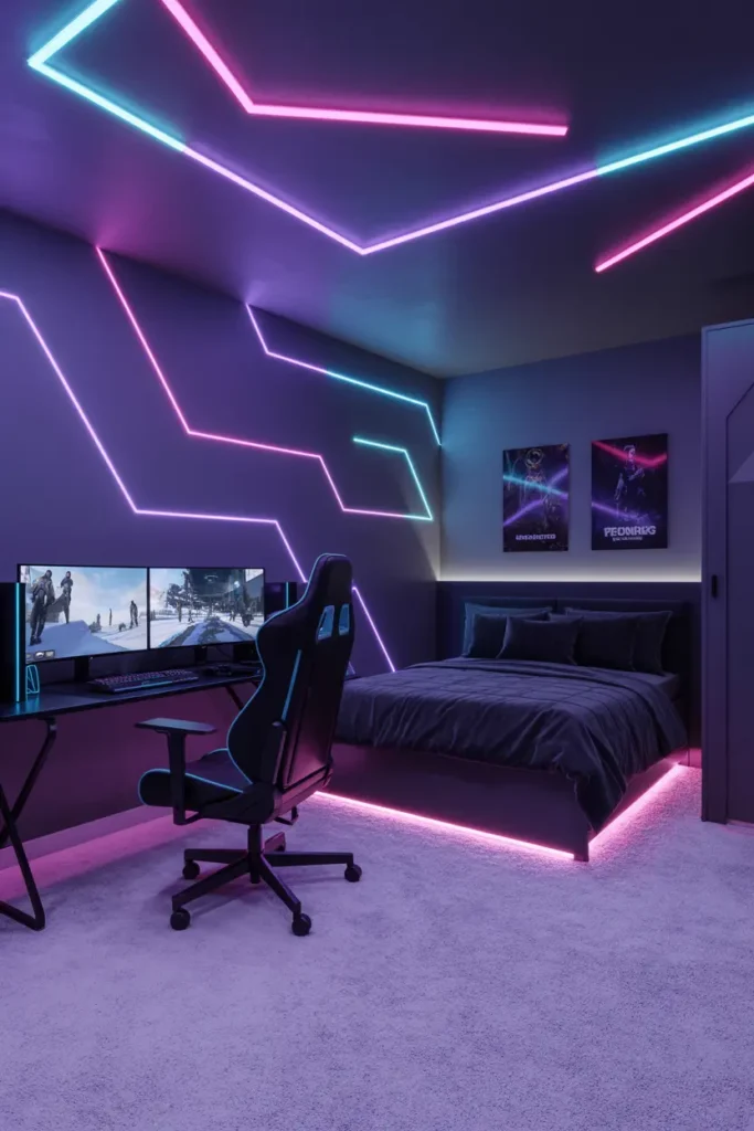 20 Modern Gaming Room Ideas for the Best Setup 39 16. Sleek Black Gaming Room with Purple Accents