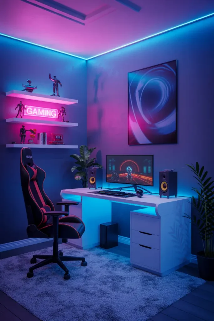 16. Vibrant Neon Gaming Desk Setup with Figurines