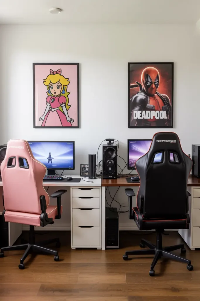 17. Fun Dual Gaming Desk Setup with Peach and Deadpool