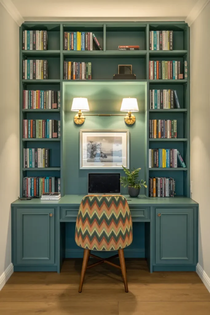 20 Cozy Workspace Corner Ideas for Calm & Neat Setup 41 17. Teal Built In Bookshelf Home Office Nook