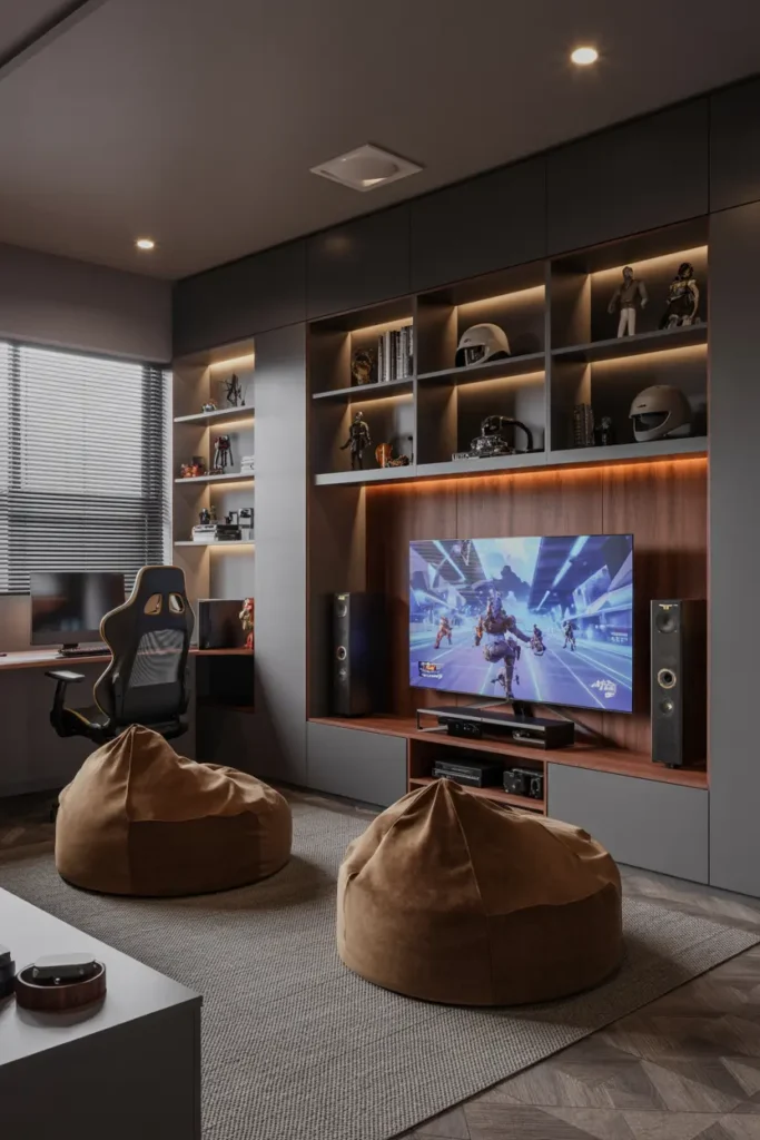 20 Modern Gaming Room Ideas for the Best Setup 43 18. Modern Gaming Room Setup with Comfort and Style
