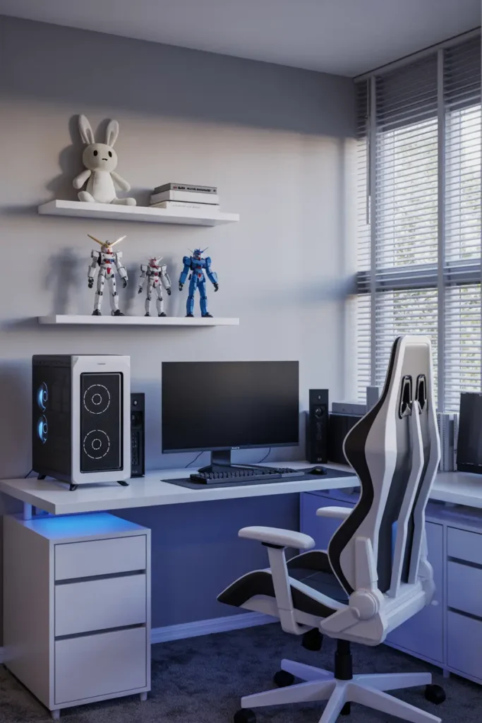 18. Modern White Gaming Desk Setup with Mecha Figurines