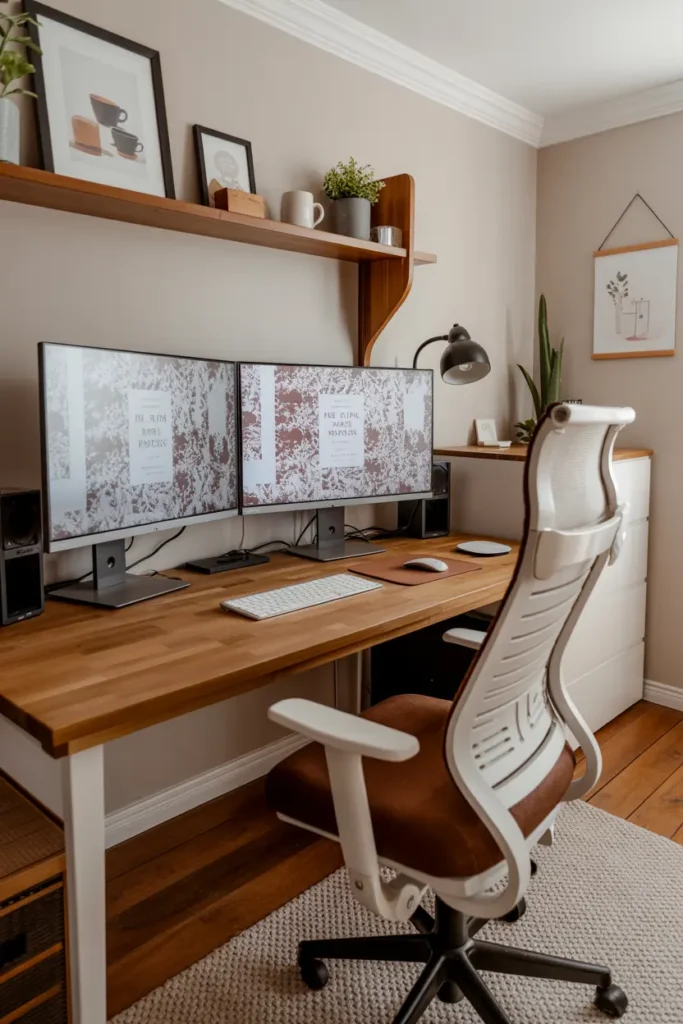 18. Rustic Wooden Home Office with Brick Wall Accent