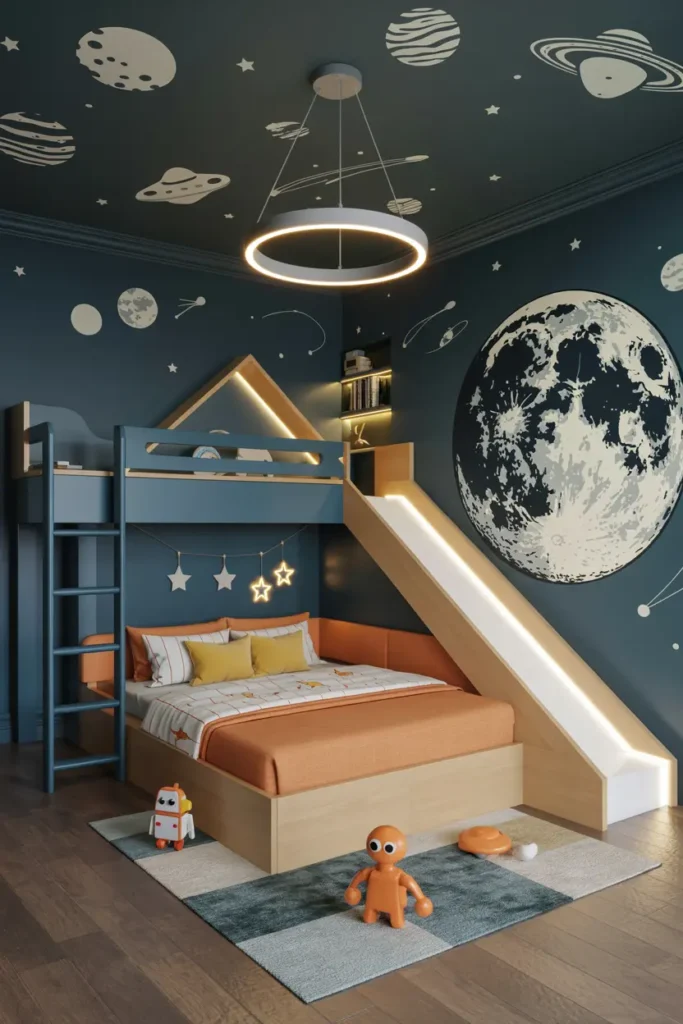 18. Space Bunk Bed with Slide and Moon Wall