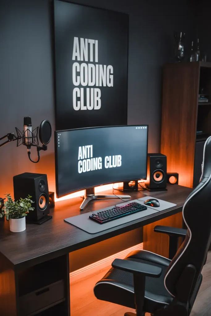 19. Sleek Black Gaming Desk with LED Strip Lighting