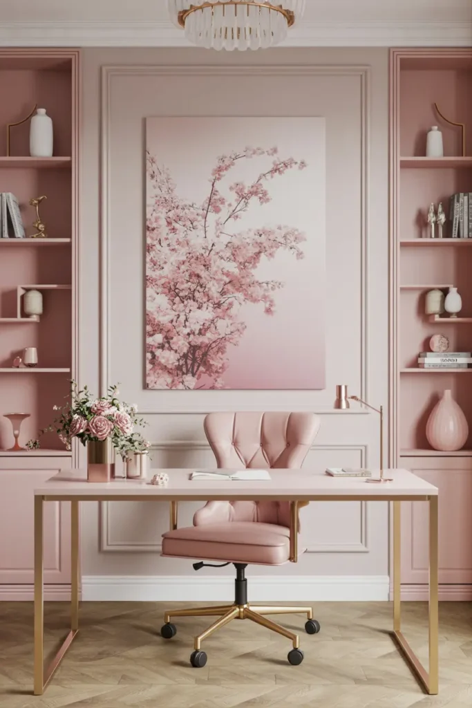 19. Stylish Pink Home Office with Velvet Chair and Gold Accents
