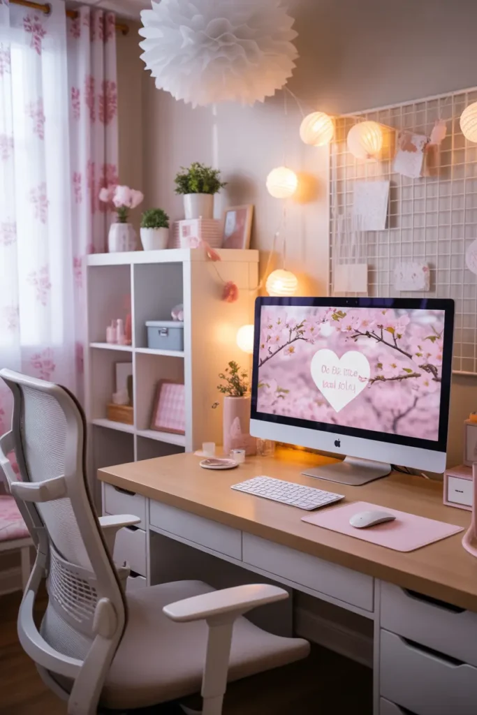 2. Cozy Home Office with Pink Floral Decor