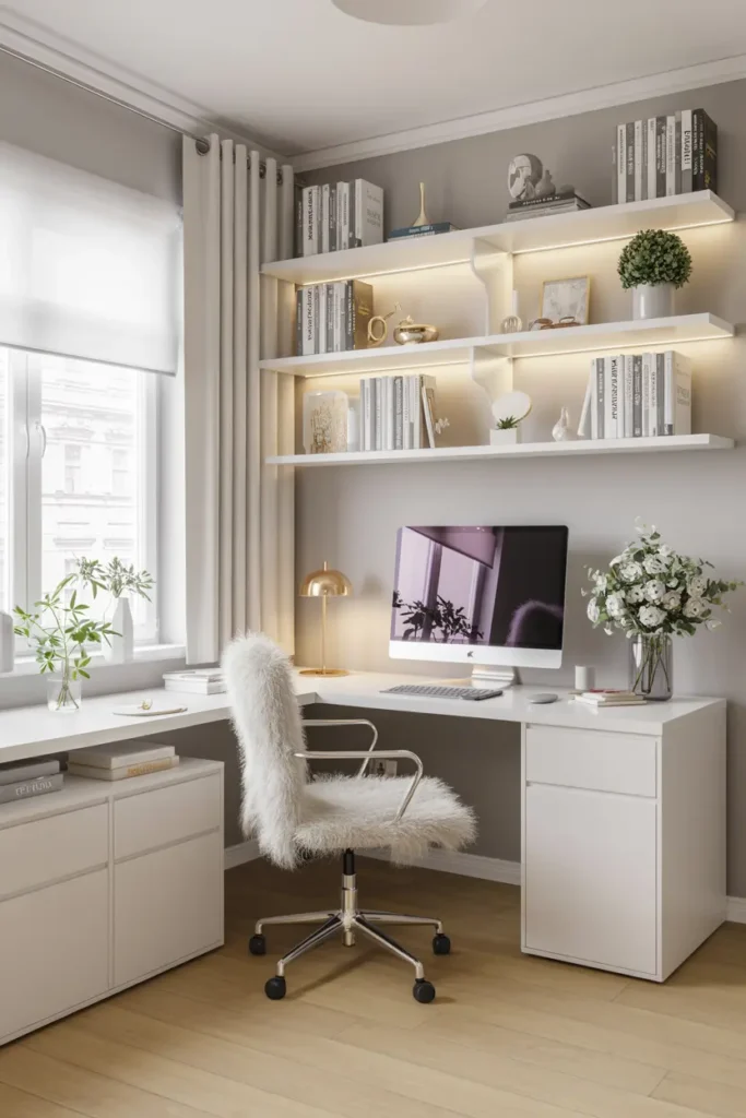 2. Elegant White Minimalist Home Office Space