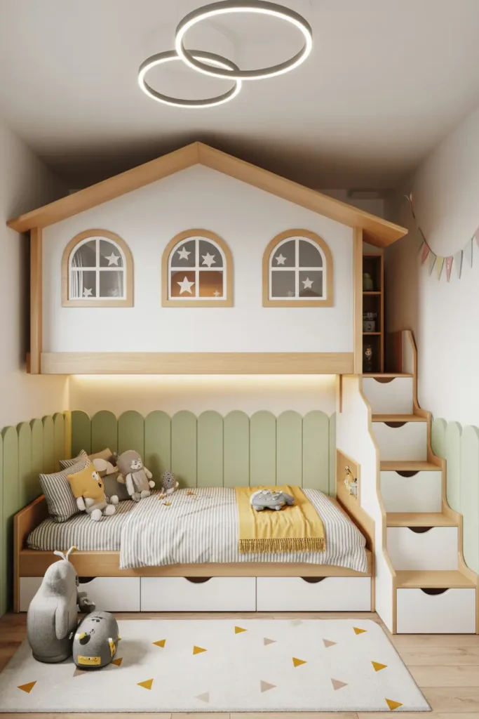 2. House Shaped Bunk Bed with Stairs