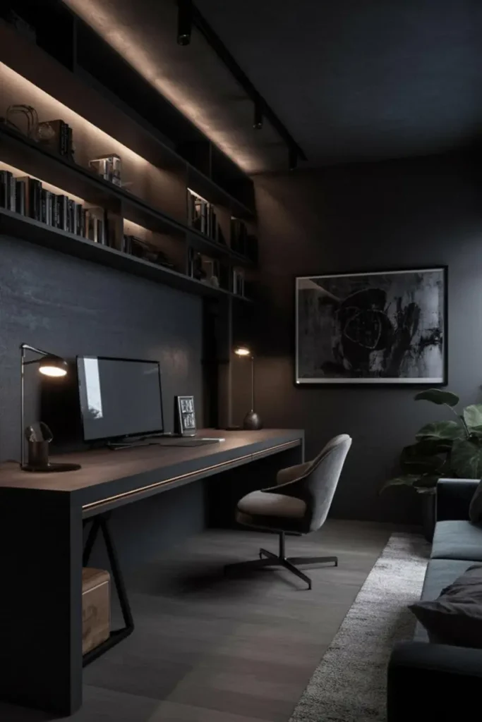 20 Cozy Workspace Corner Ideas for Calm & Neat Setup 3 2. Sleek Modern Home Office with Dark Accents