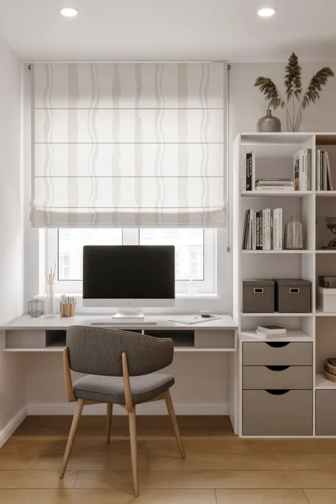 20. Contemporary Gray Home Office with Floating Shelves