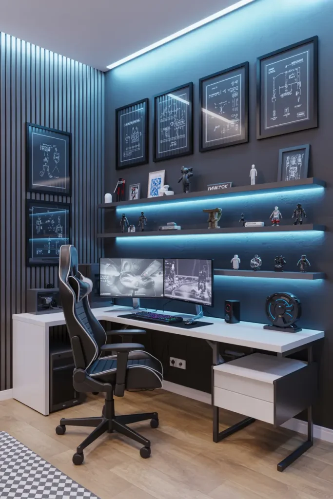 20 Modern Gaming Room Ideas for the Best Setup 47 20. Gaming Setup with Blueprint Wall Art