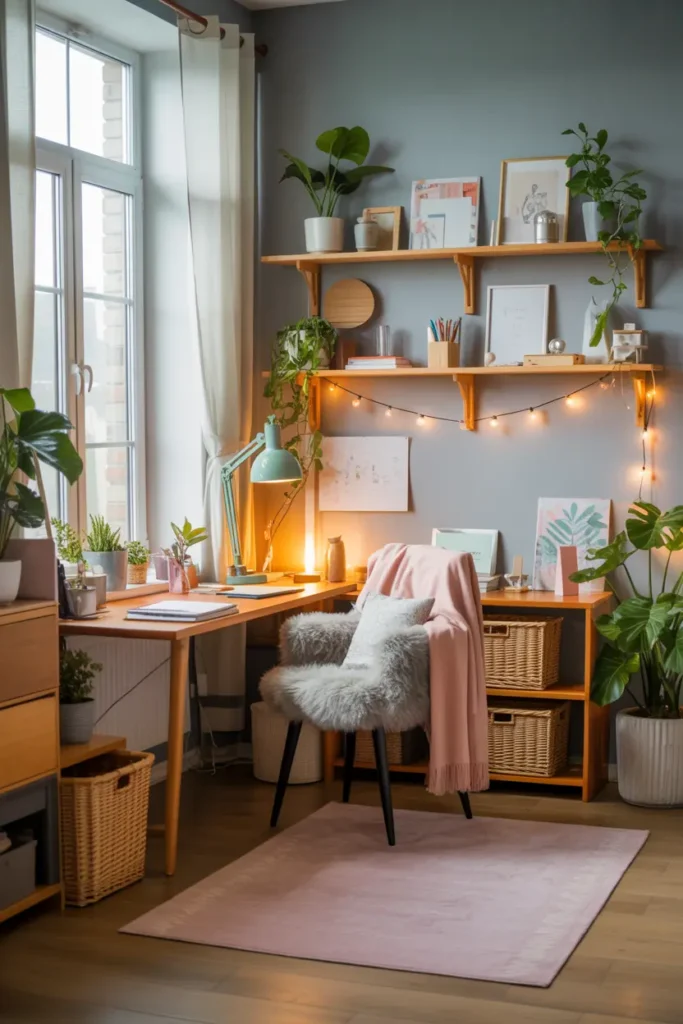 20. Minimalist Gray Home Office with Wooden Accents and Plants