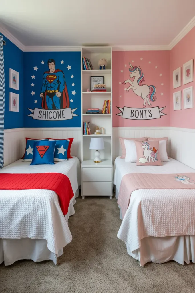 20. Superhero and Unicorn Twin Bedroom