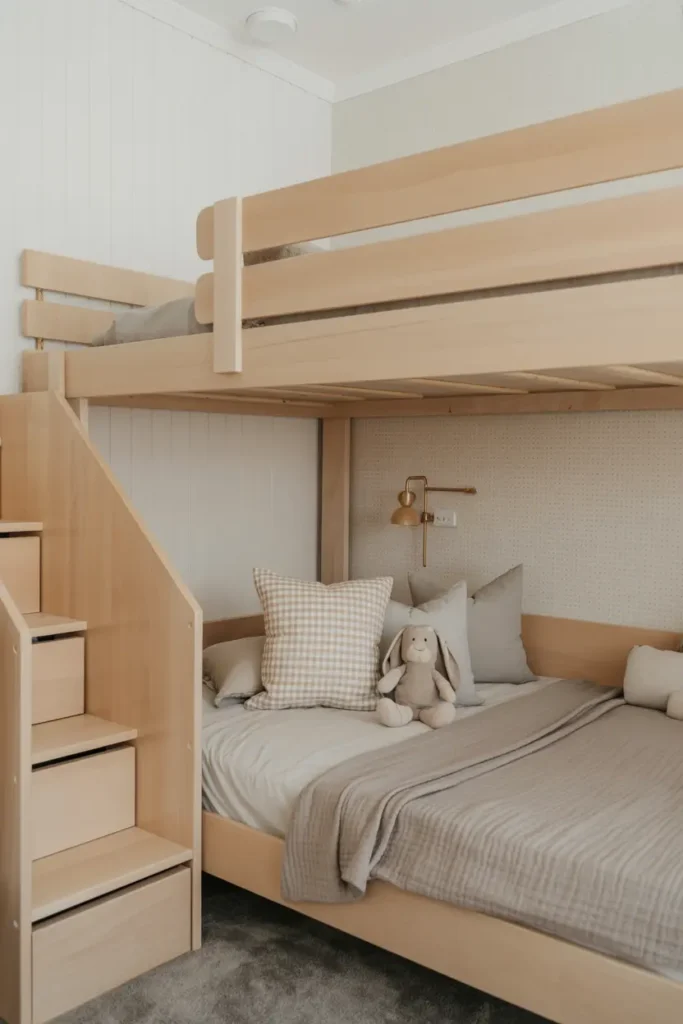 22. Neutral Wooden Bunk Bed with Stairs