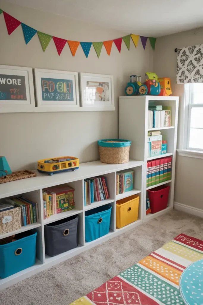 23. Colorful Playroom Storage with Bunting