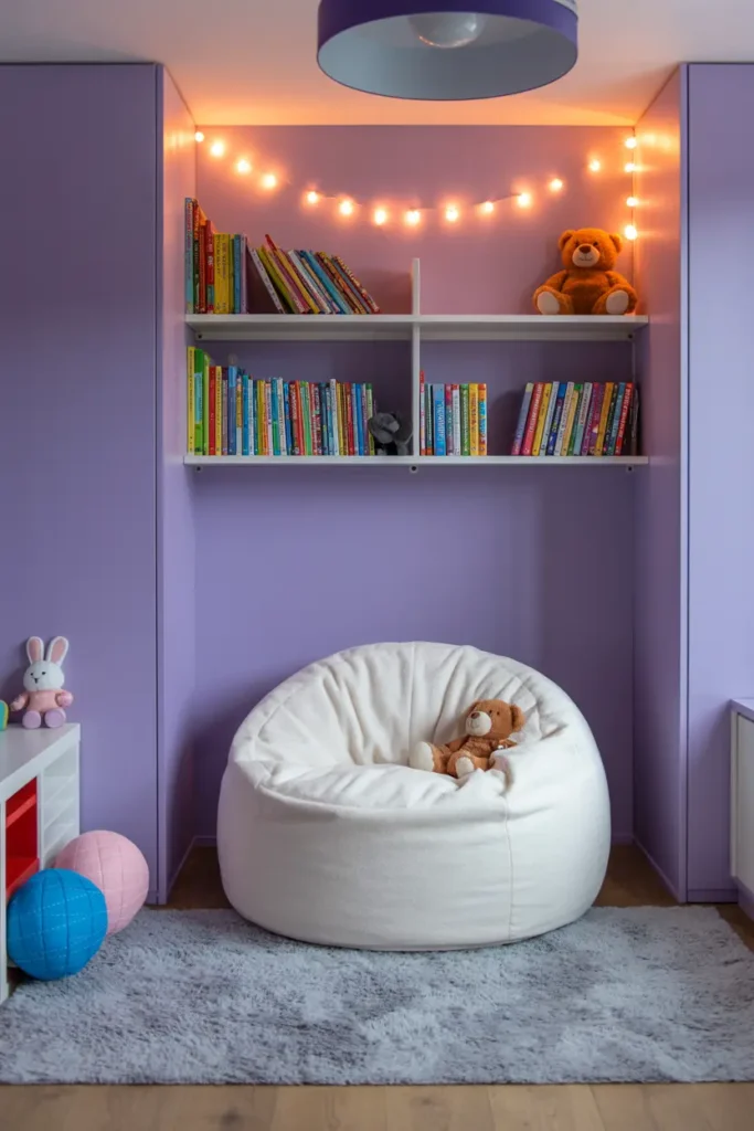 24. Cozy Purple Reading Nook with Bean Bag