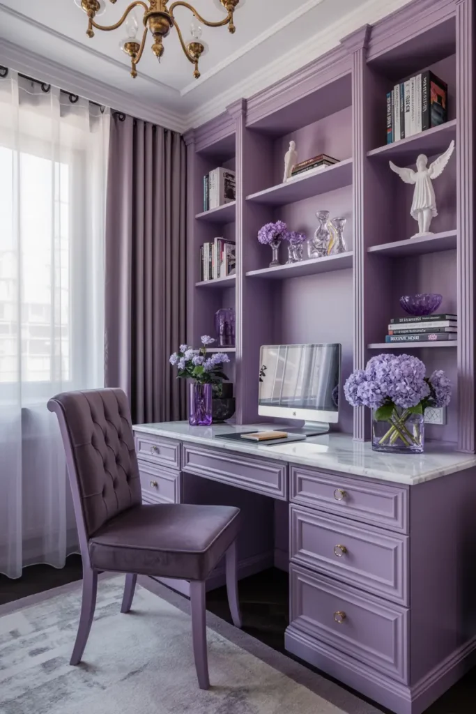 3. Luxurious Purple Home Office with Built in Shelves