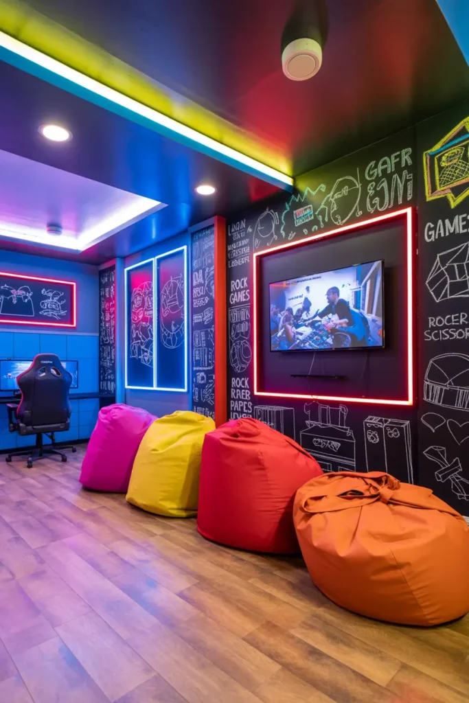 3. Neon Gaming Lounge with Vibrant Bean Bags