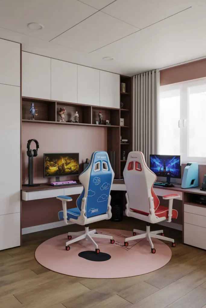 3. Playful Dual Gaming Setup with Themed Chairs