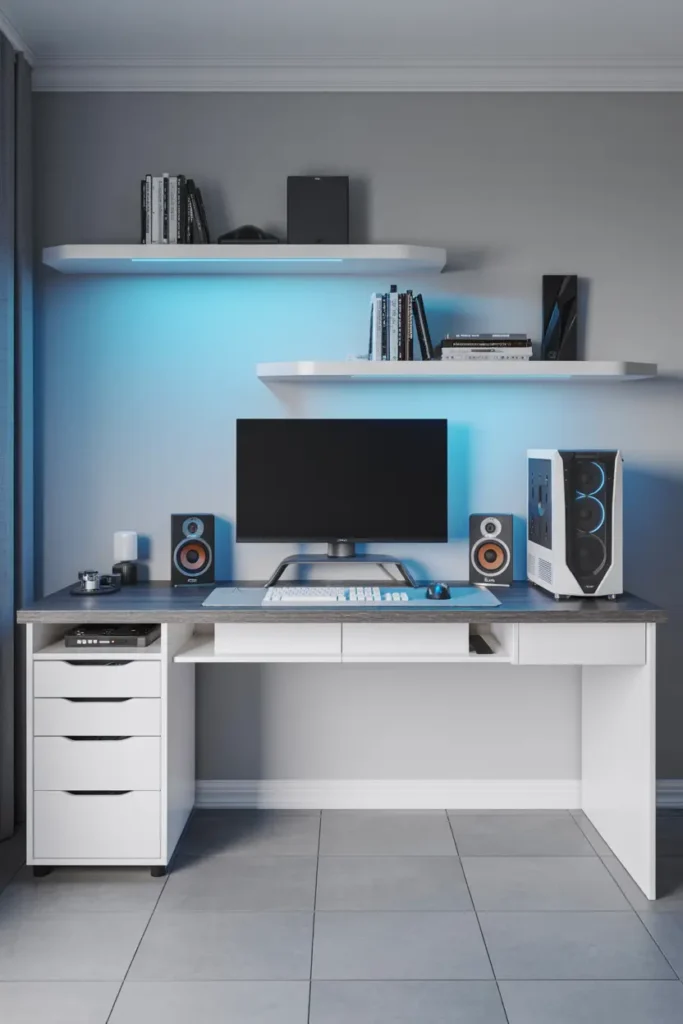 20 Modern Gaming Room Ideas for the Best Setup 5 3. Sleek Modern Gaming Desk with LED Lighting