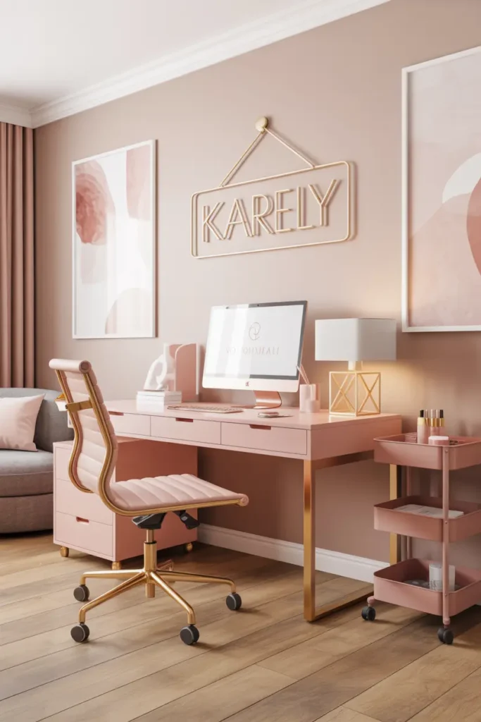20 Cozy Workspace Corner Ideas for Calm & Neat Setup 7 4. Chic Blush Pink Feminine Home Office Setup