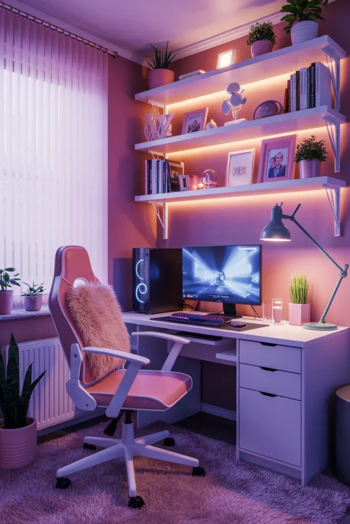4. Cozy Pink Gaming Setup with Neon Lighting