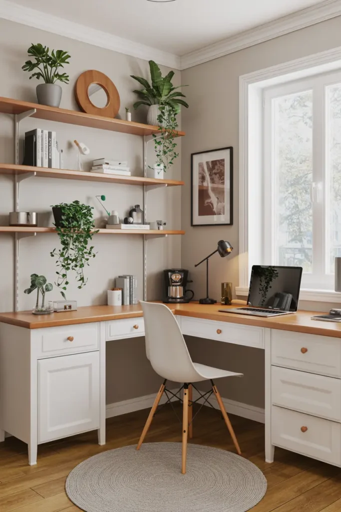 4. Neutral Corner Office with Plants and Shelves