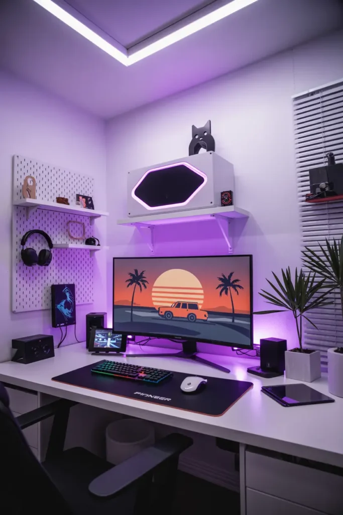 4. Vibrant Purple Neon Gaming Desk Setup with Plants