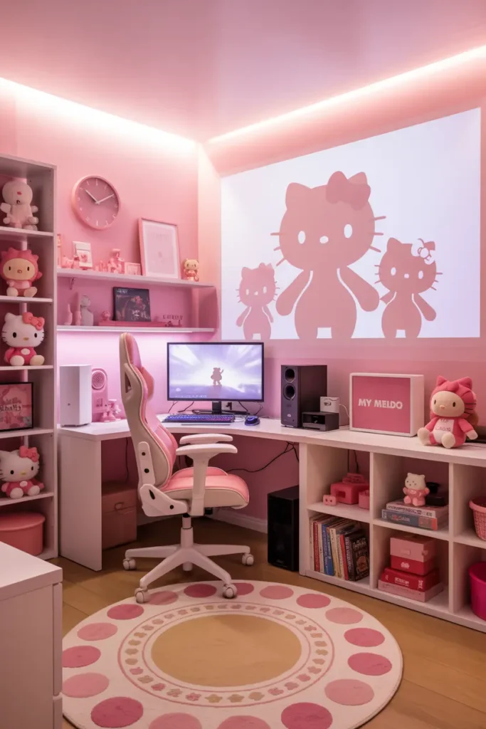 20 Modern Gaming Room Ideas for the Best Setup 9 5. Adorable Hello Kitty Gaming Room Decor