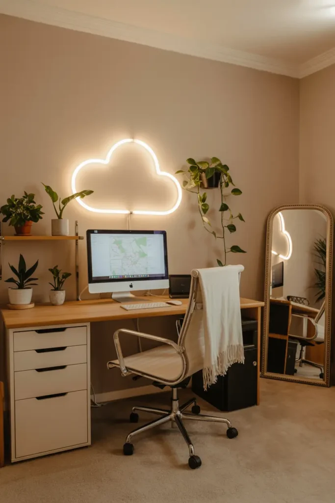 5. Cozy Home Office with Neon Cloud Sign and Plants