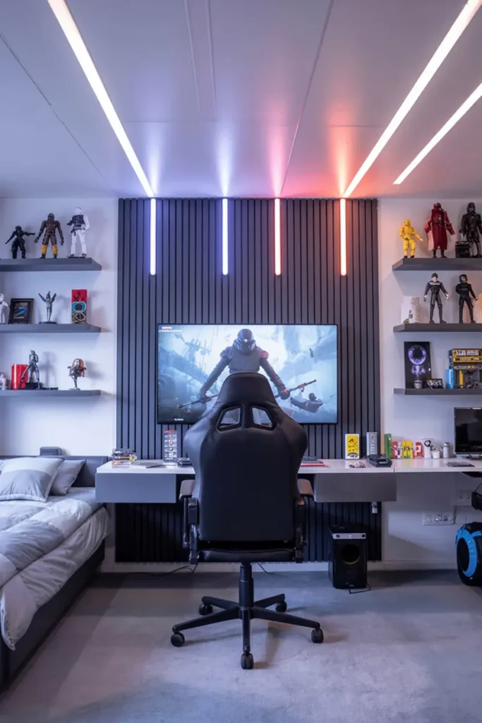 5. Modern Gaming Bedroom with Neon Accents