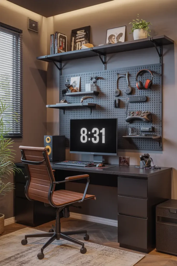 20 Cozy Workspace Corner Ideas for Calm & Neat Setup 9 5. Modern Industrial Gaming Home Office Pegboard Setup