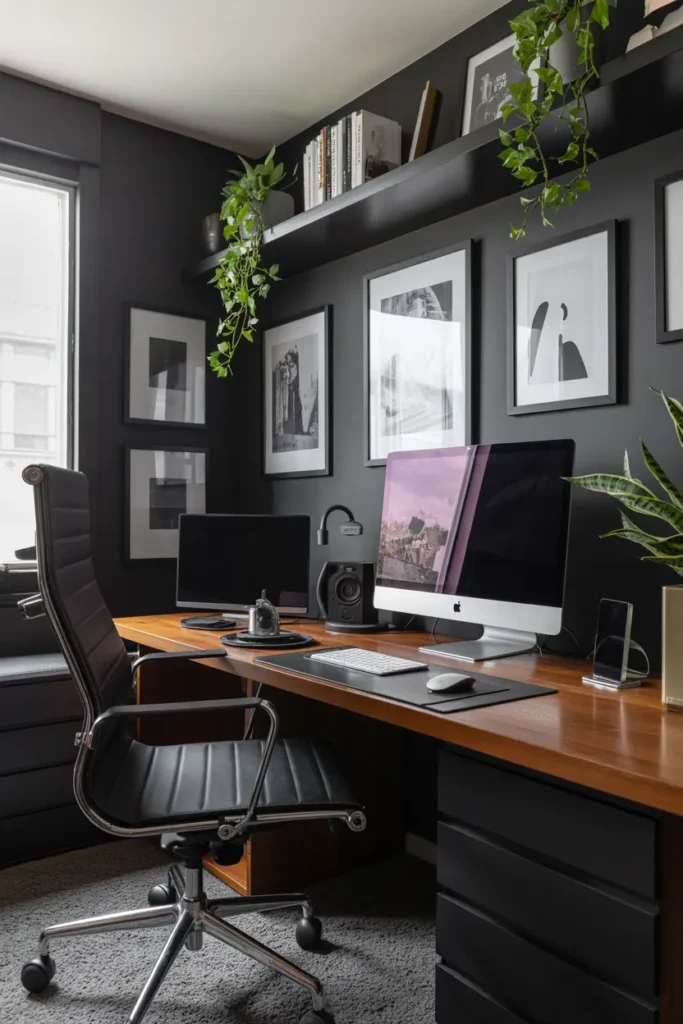 5. Moody Dark Modern Home Office with Plants