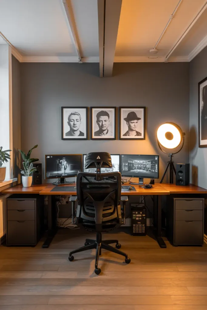 5. Sleek Dark Modern Home Office with Portraits