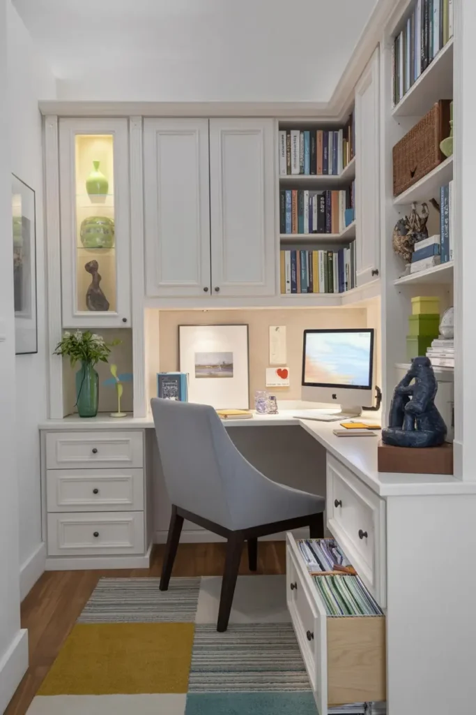 6. Classic White Corner Home Office with Shelves