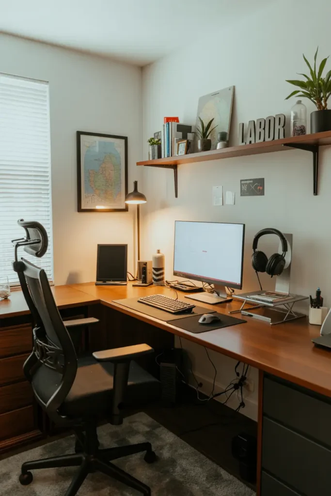 6. Cozy Minimalist Home Office with Wooden Desk and Plants