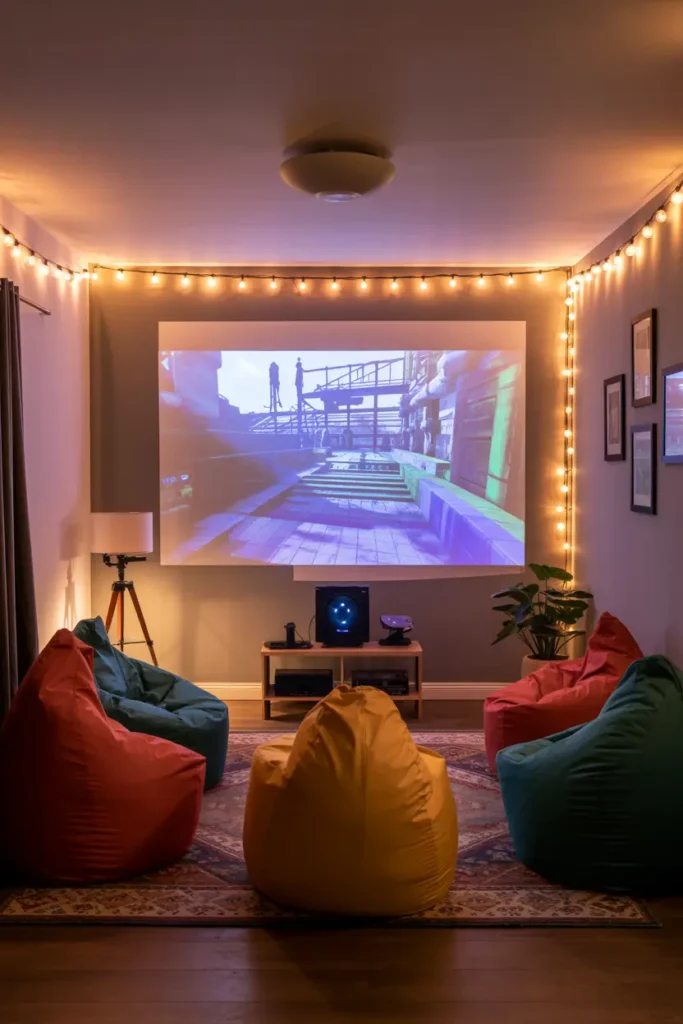6. Cozy Movie Night Room with String Lights