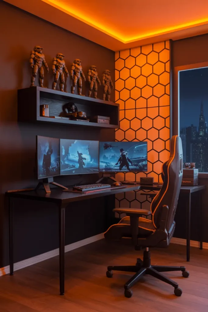20 Modern Gaming Room Ideas for the Best Setup 11 6. Futuristic Gaming Room with Orange LED Accents